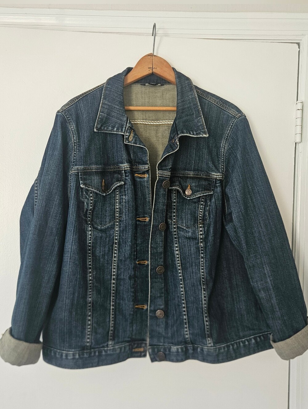 Lands End Womens Denim Jacket 1X Trucker Classic Dark Wash Americana 16W-18W